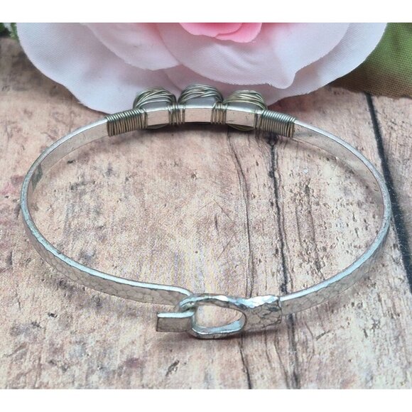 Cute Artisan Made Silver Tone Bangle Cuff Bracelet Wire Wrapped Hammered - Picture 4 of 9
